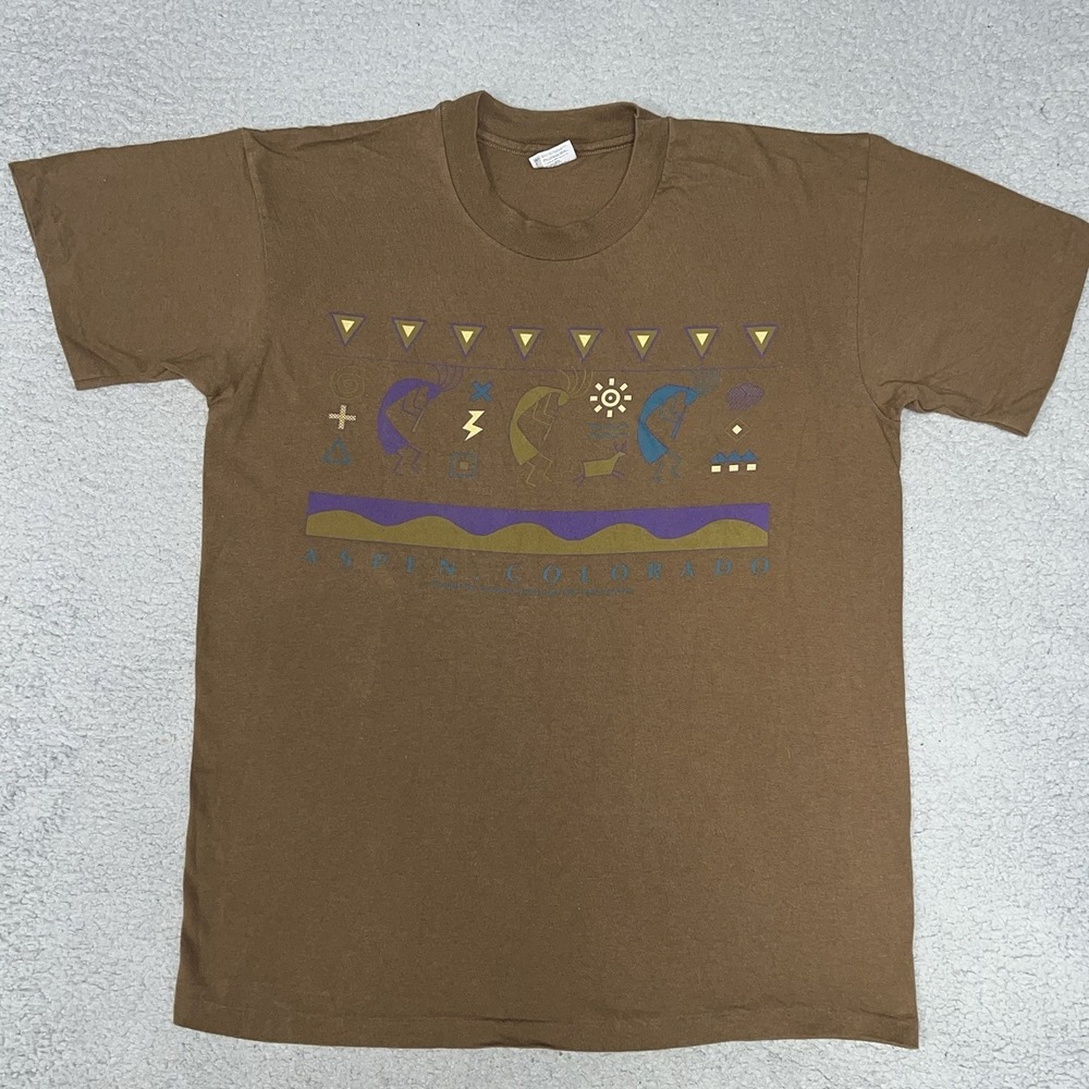 VTG Aspen Colorado Kokopelli T Shirt Men's Sz L Brown Single Stitch Made in USA - Picture 1 of 8